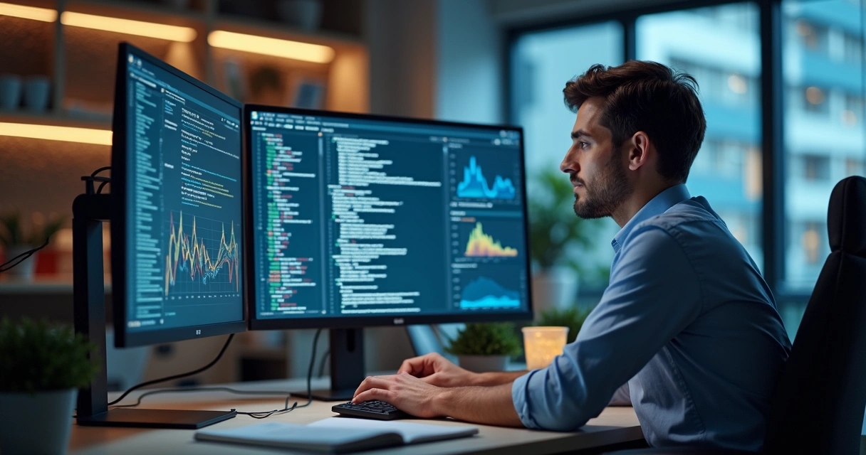 Analista de sistemas SAP trabalhando em computador com códigos ABAP na tela e gráficos financeiros ao fundo 