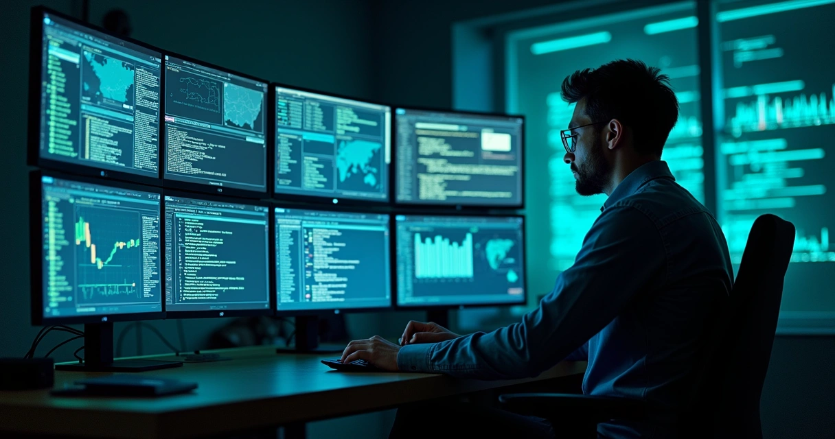 Analista monitora múltiplas telas, analisando dados de segurança cibernética em ambiente escuro 
