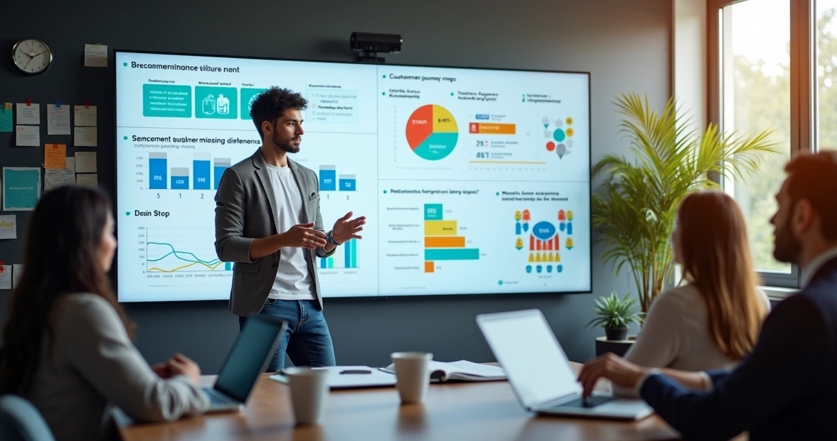 Profissional analisa gráficos de satisfação do cliente em tela grande