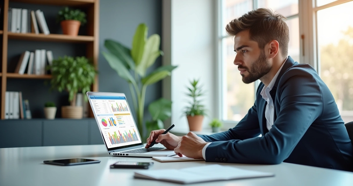 Analista de sucesso do cliente trabalhando em escritório moderno com notebook e gráficos na tela 