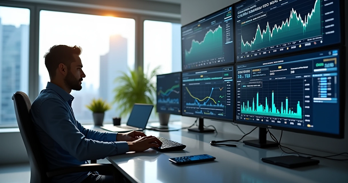 Analista financeiro consultando notícias em tempo real em múltiplos monitores em escritório moderno 