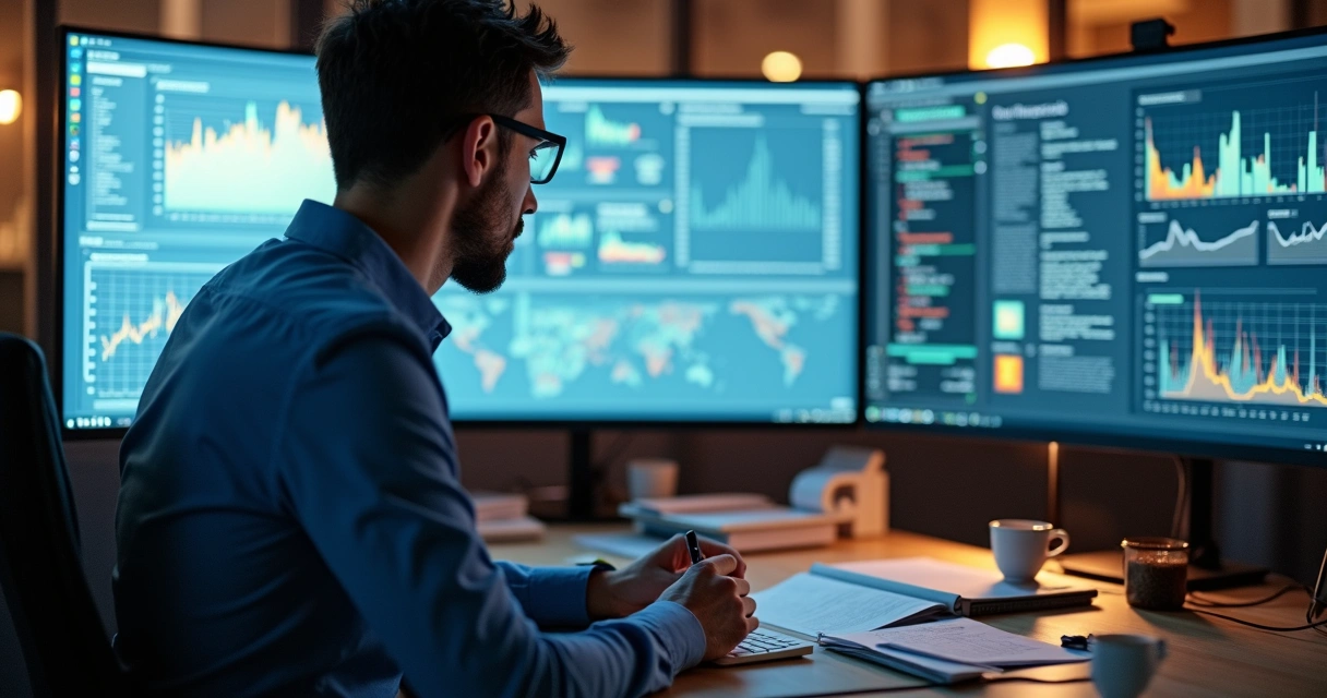 Analista de TI revisando dados em tela