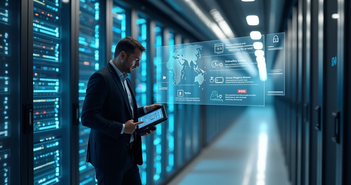 Especialista em segurança avaliando racks de servidores em data center moderno 