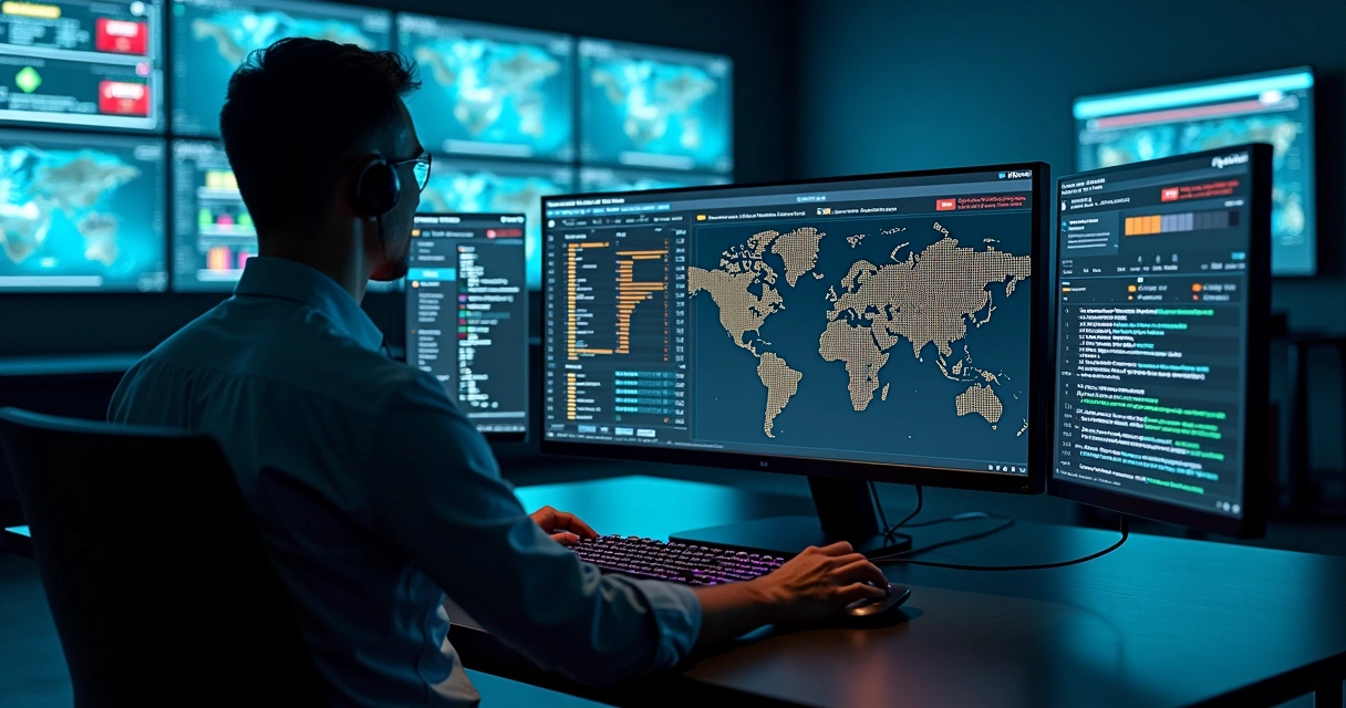 Analista de TI monitorando painel de vulnerability assessment em escritório moderno 