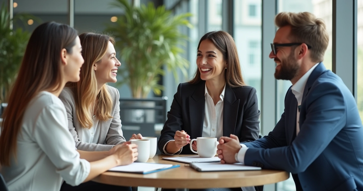 Três colegas de diferentes setores conversando em volta de uma mesa de café, sorrindo, com blocos de notas e laptops. 