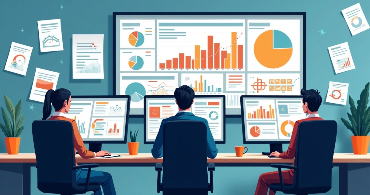 Analistas desenvolvendo dashboards interativos em computadores