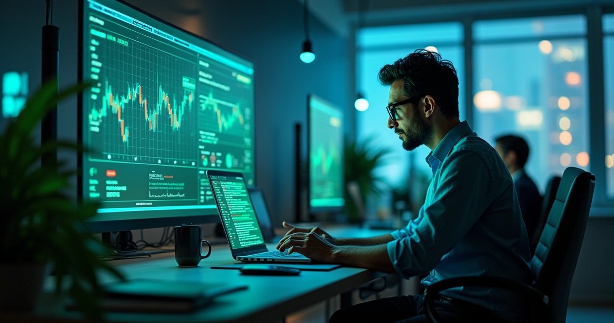 Analistas financeiros em escritório moderno analisando dados em tempo real com telas mostrando gráficos e alertas.