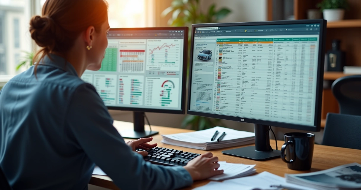 Dois analistas trabalham juntos avaliando dados automotivos em monitores 
