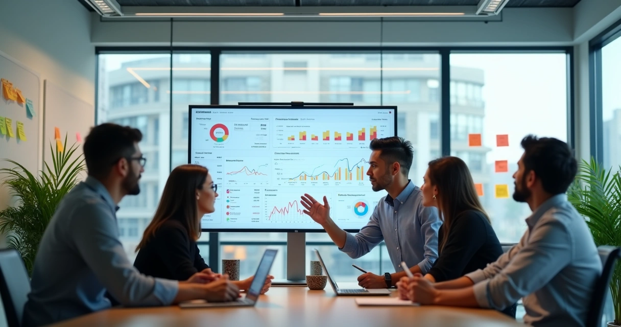 Small team discussing dashboard analytics on a big screen 