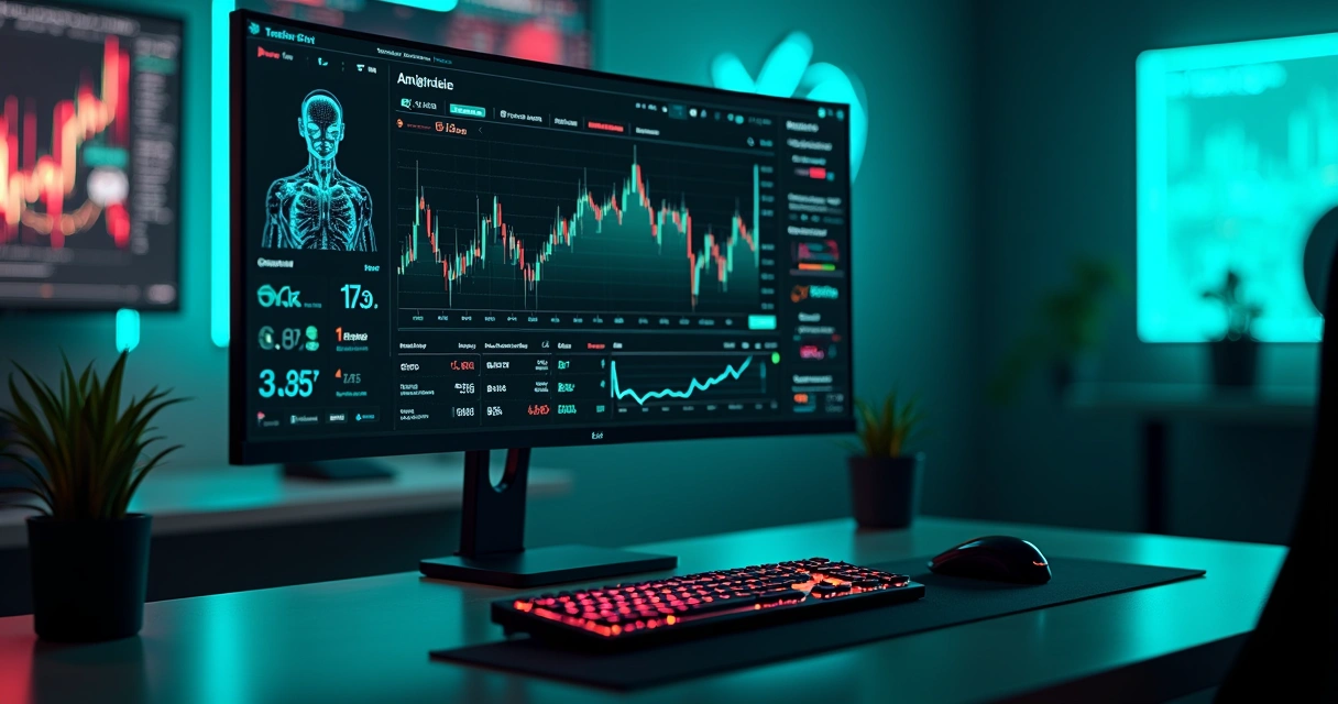 Painel de analytics com bot de criptomoedas em tela escura 