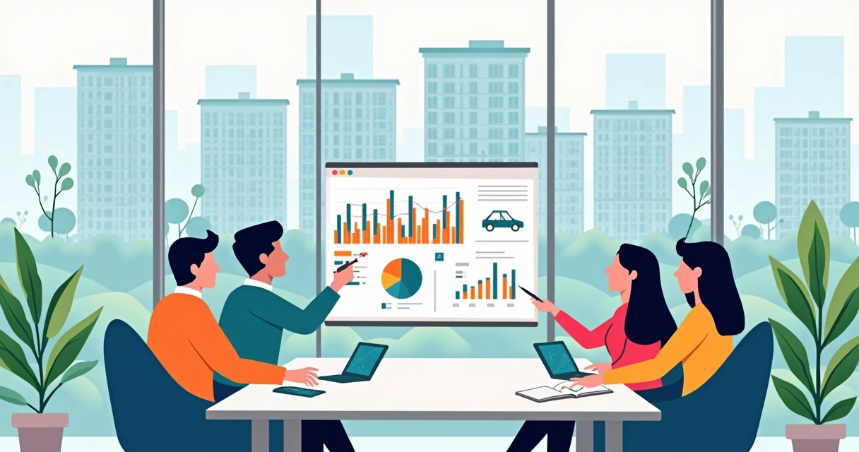 Equipe de gestão de condomínio analisando painel de analytics com dados do edifício 