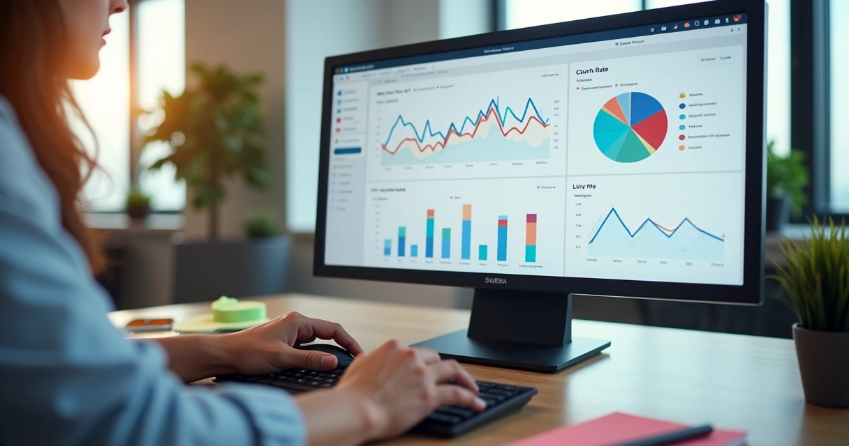 Dashboard de Customer Success exibindo métricas NPS, Churn Rate e LTV em tela 