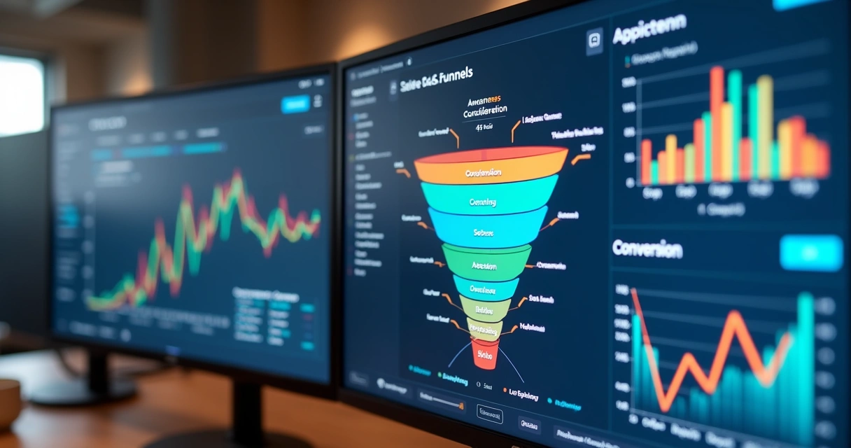 Dashboard com funil de vendas B2B mostrando taxas por etapa 