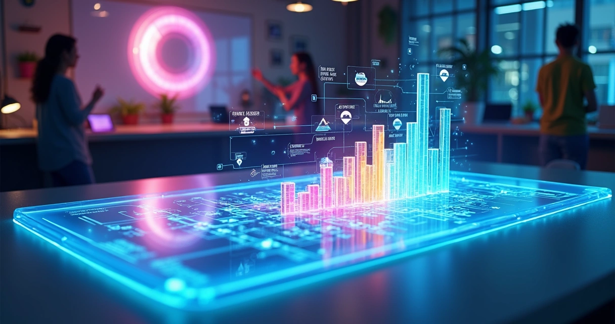 Painel de analytics em forma de laboratório criativo conectando dados a aplicativo no-code 