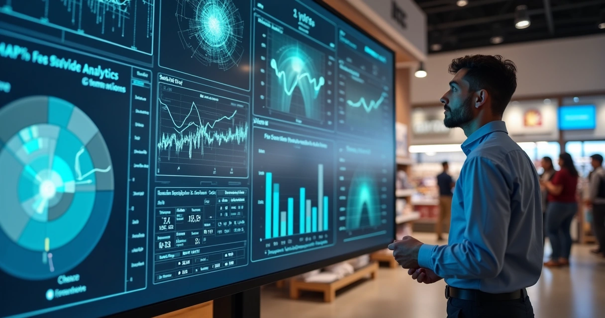 Gestor de loja analisa painel de dados de vendas. 