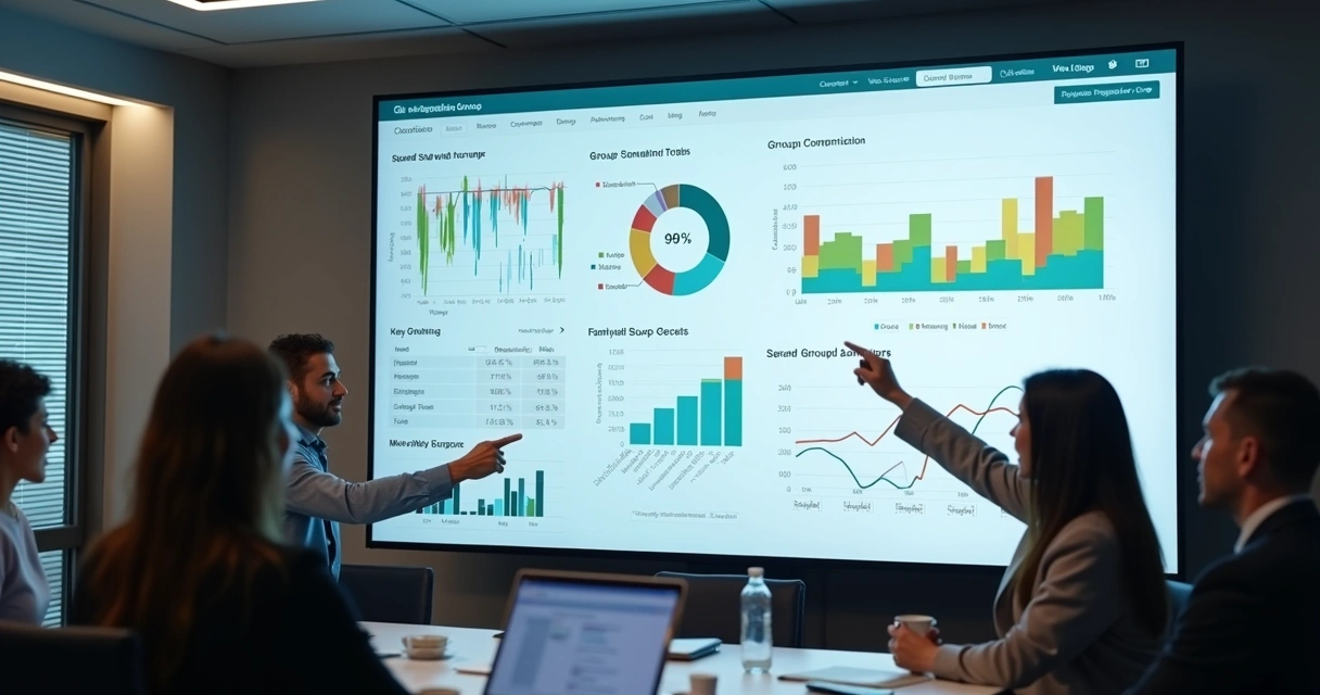 Dashboard de analytics de grupos WhatsApp em tela grande em empresa 