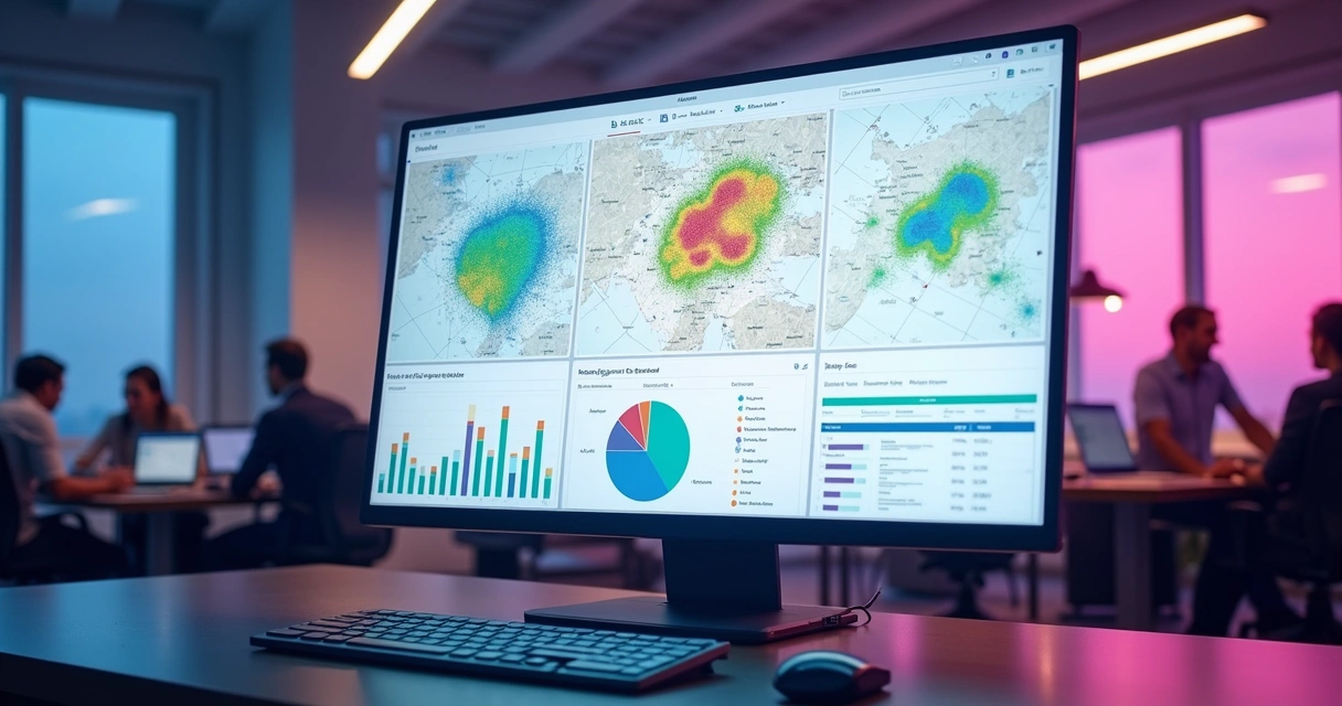 Painel de analytics de Wi-Fi mostrando mapas de calor e gráficos em tela grande de monitor 
