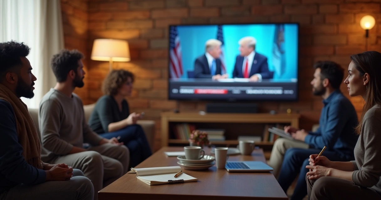 Group of diverse people watching a political debate on TV, taking notes, showing thoughtful analysis 