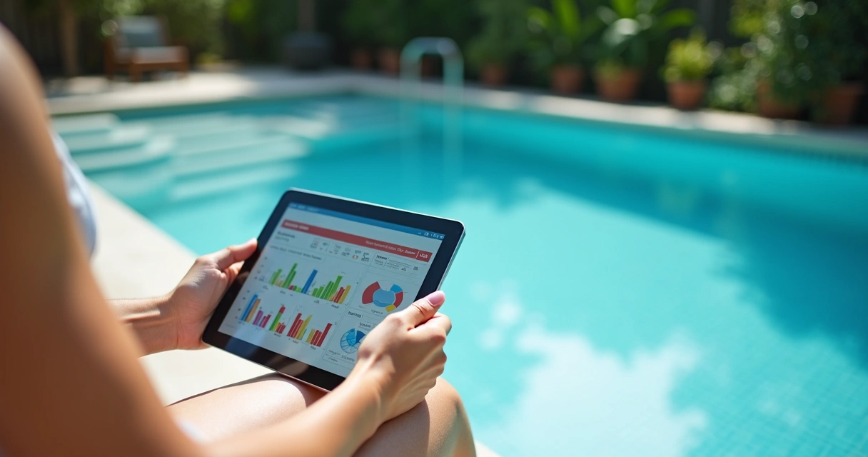 Woman checking pool water with a digital tablet