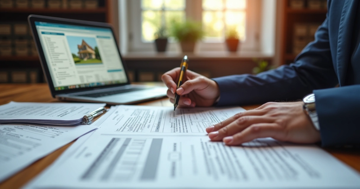 Person analyzing detailed property deed documents with a laptop and pen on a wooden table 
