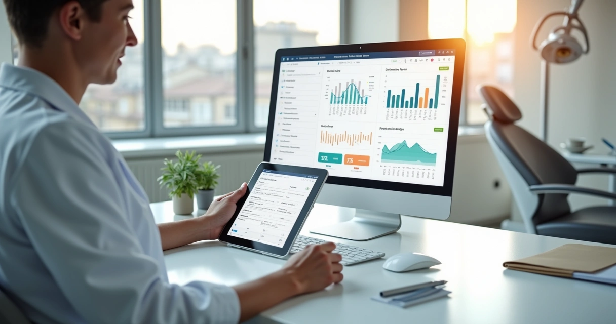 Dentista analisando anamnese digital no tablet com gráficos financeiros ao fundo 