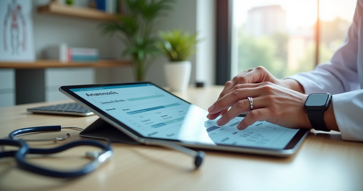 Médico preenche anamnese digital detalhada em tablet sobre a mesa do consultório 