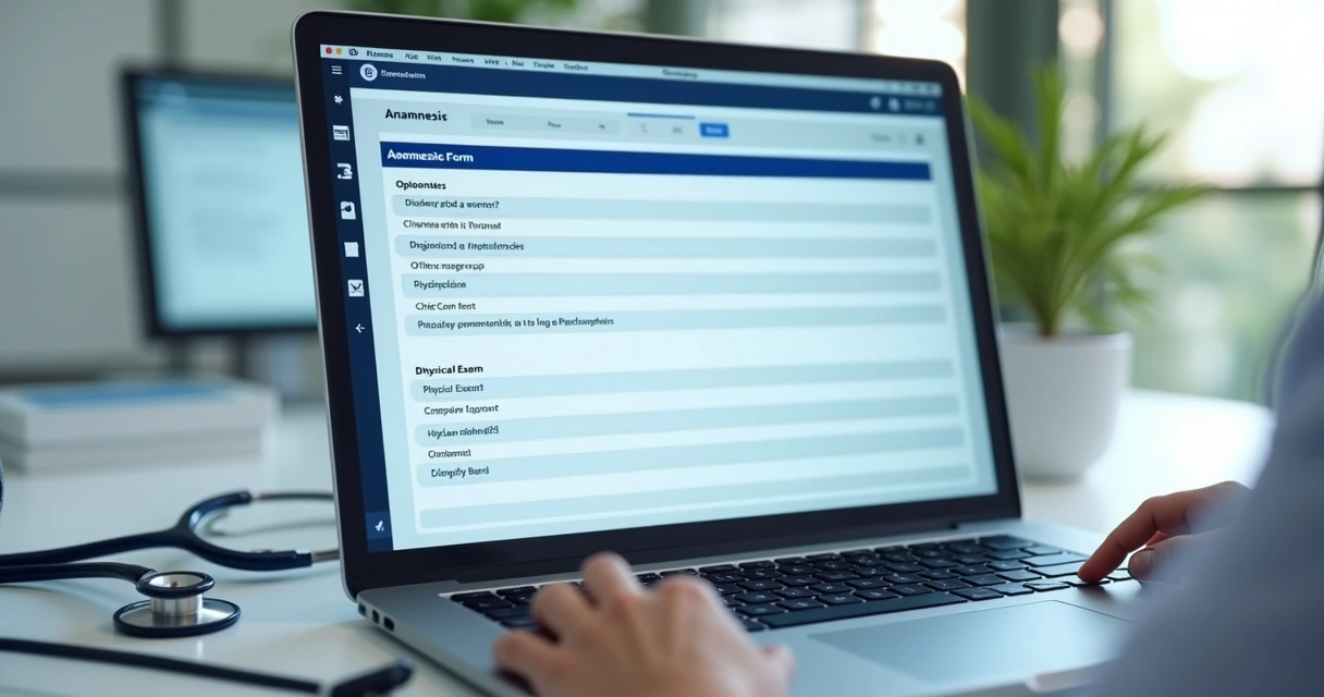 Tela de anamnese digital organizada com campos destacados em azul em laptop 