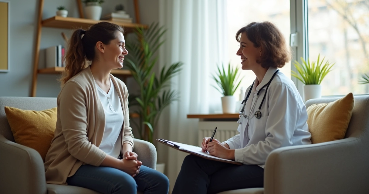 Profissional de saúde conversando com paciente em consultório tranquilo. 