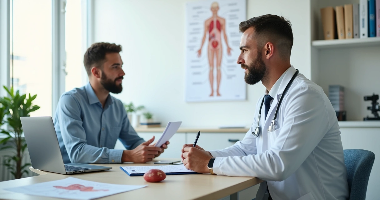 Médico urologista conversando com paciente em consultório durante anamnese 