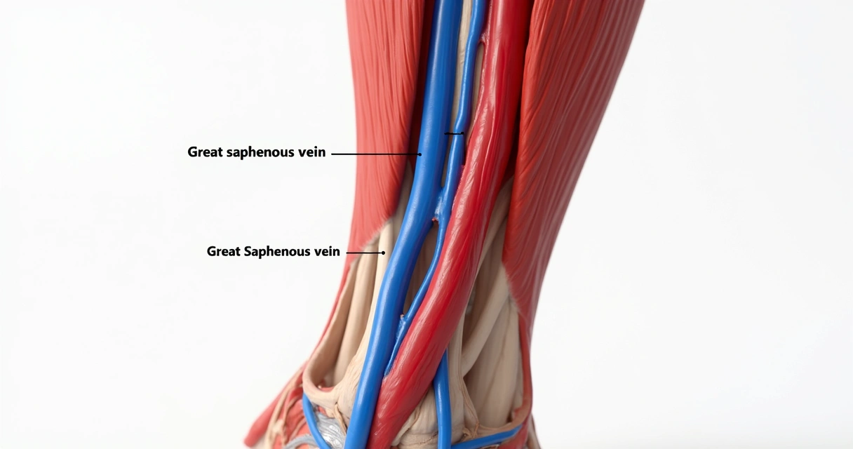 Ilustração detalhada da anatomia da veia safena nas pernas com destaque para sua função na circulação sanguínea 