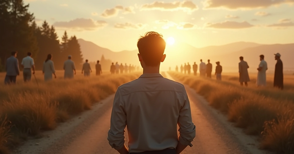 Pessoa em pé em uma estrada com silhuetas de ancestrais atrás 