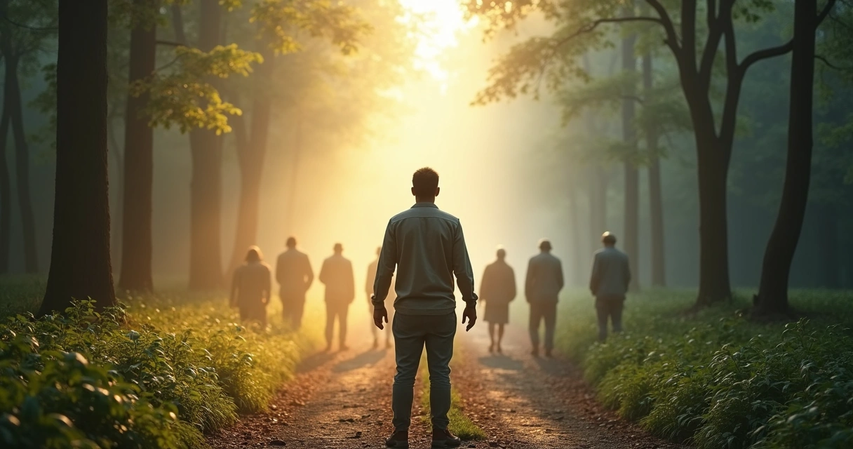 Person standing at a crossroads with transparent ancestral silhouettes behind 