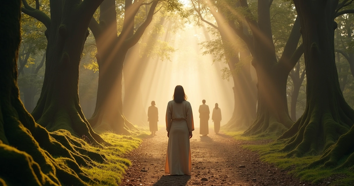 Person on forest path surrounded by transparent ancestral figures 