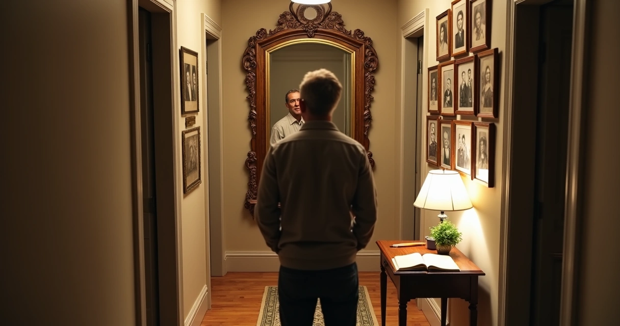 Person reflected in antique mirror surrounded by faded ancestral portraits 