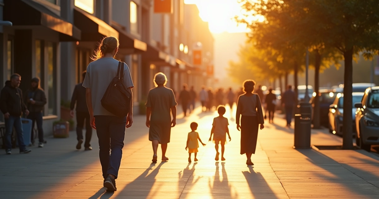 Person walking city street while ancestral figures appear as faint shadows behind 