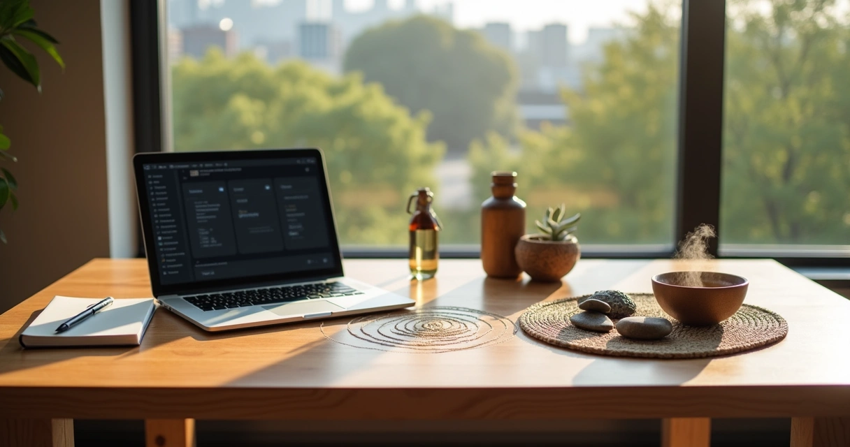 Modern workspace table blending laptop with ancestral symbols and natural objects 