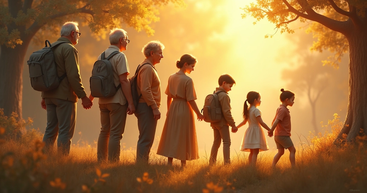 Rostos de várias gerações de uma família olhando para frente, em uma composição harmoniosa.