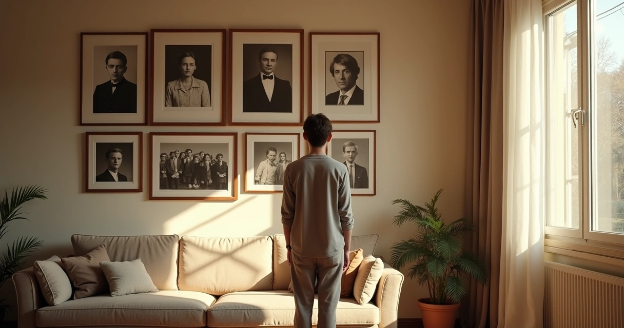 Pessoa adulta em pé diante de retratos de familiares em diferentes gerações 