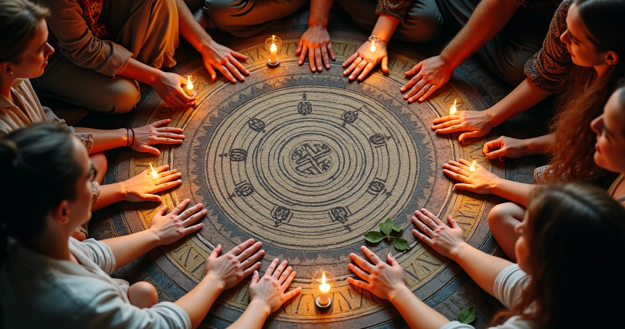 Símbolos de ancestralidade e liderança em ritual coletivo, com pessoas reunidas 