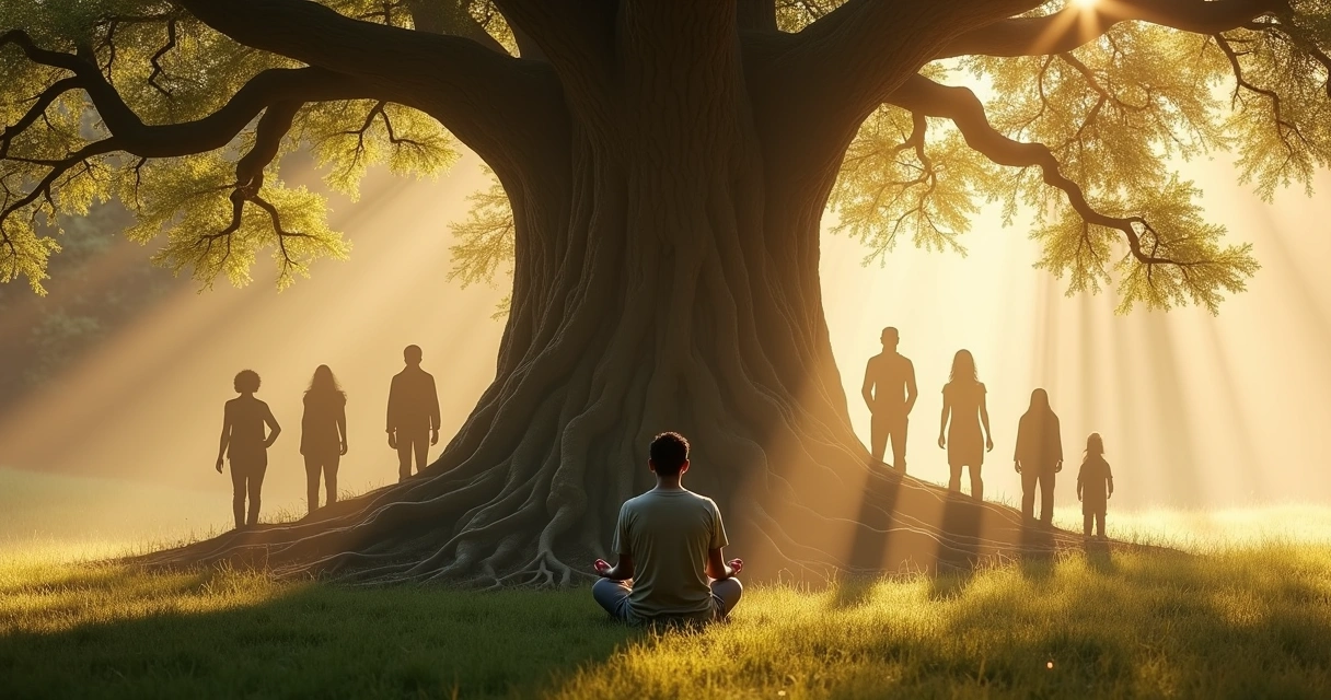 Adulto em meditação em frente a árvore com silhuetas de ancestrais ao fundo 