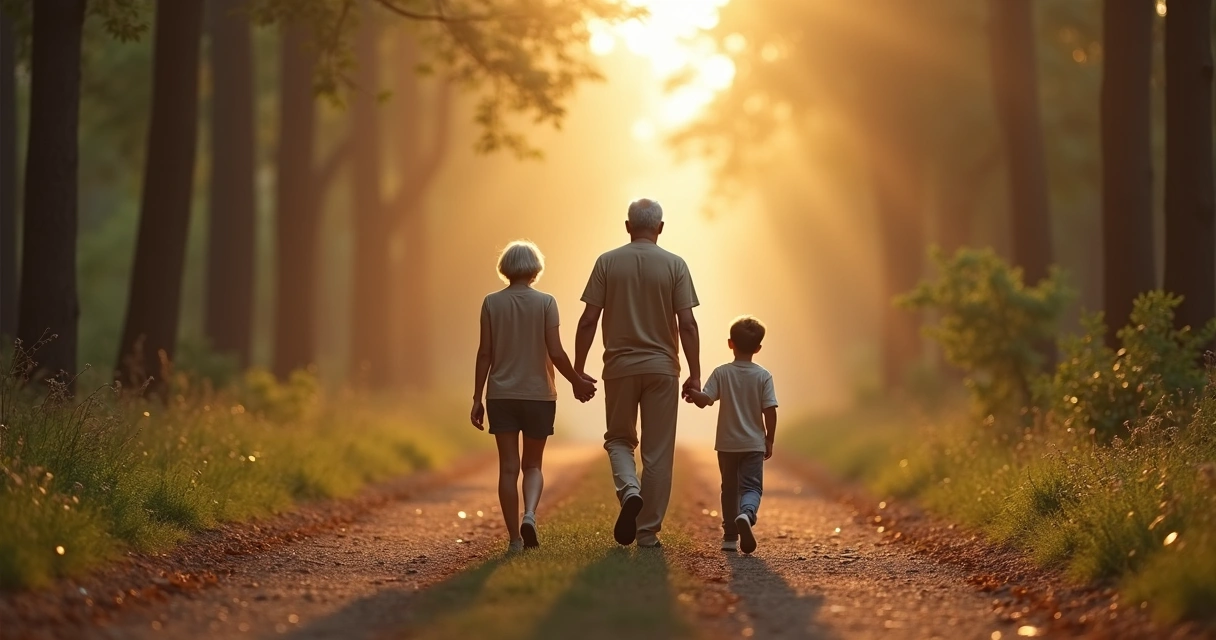 Três gerações de uma família de mãos dadas em uma trilha na natureza 