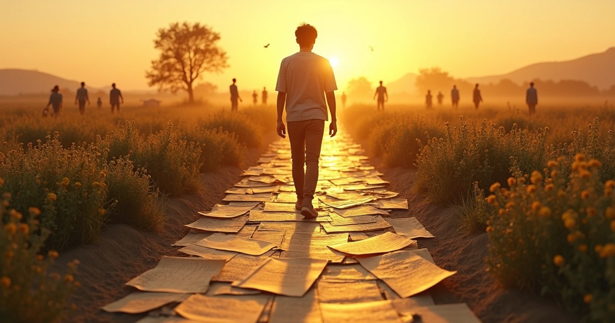 Jovem caminhando por trilha formada por retratos antigos e símbolos de prosperidade 