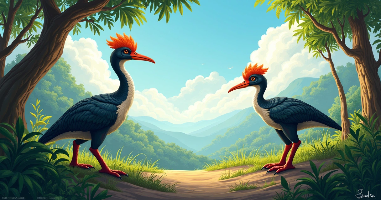 Anchiornis em uma floresta jurássica, observando o chão em busca de insetos, com árvores ao fundo.