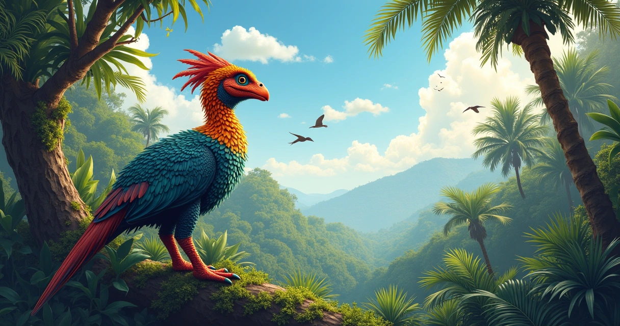 Dinossauro Anchiornis coberto de penas em floresta pré-histórica vibrante com árvores e fauna