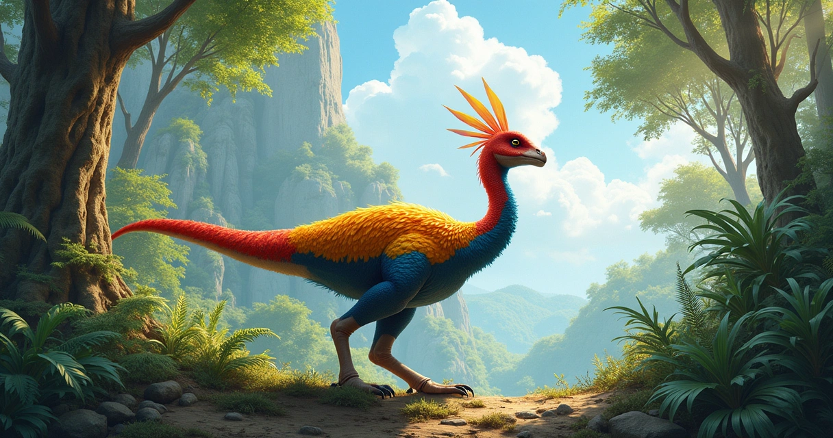 Dinossauro Anchiornis em floresta pré-histórica com penas coloridas e detalhes de fósseis no fundo.
