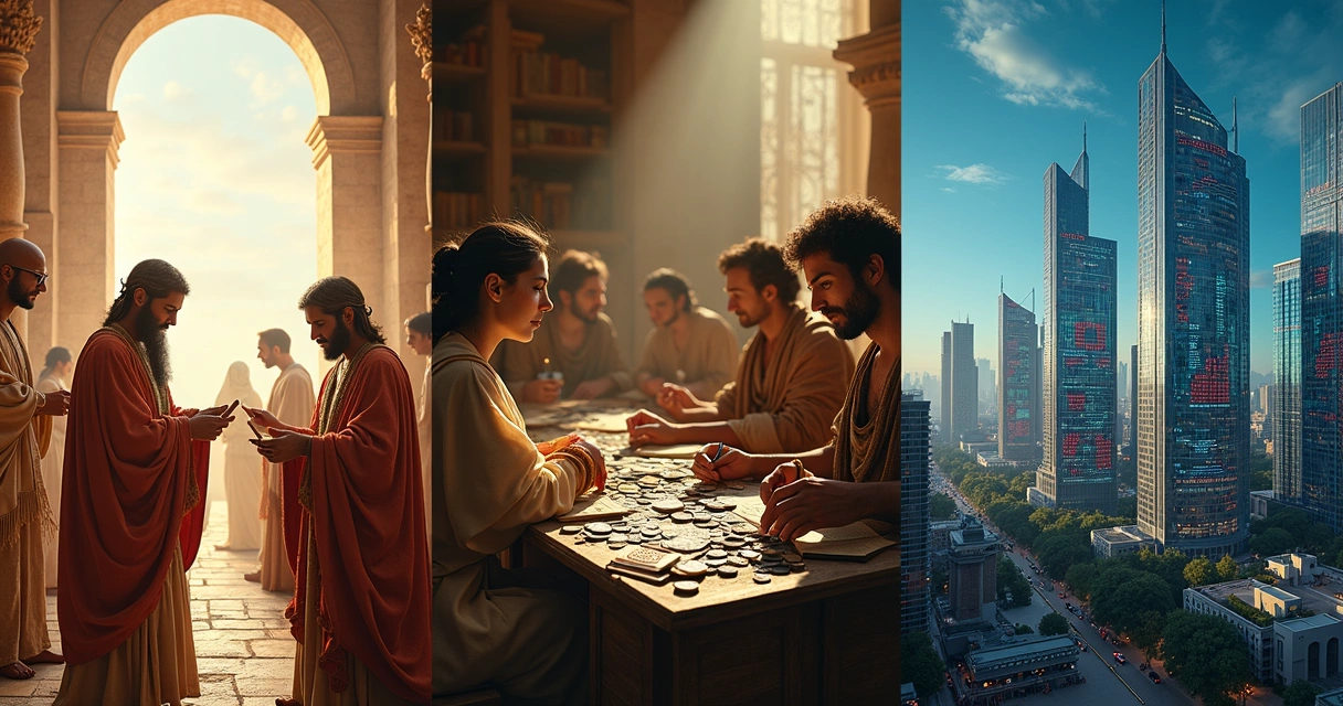 Historic scenes of ancient and modern finance practices blending together