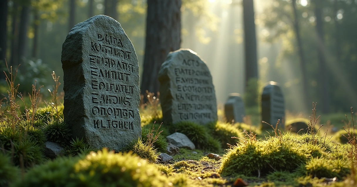 Close-up of ancient carved runestones with Elder Futhark symbols in natural outdoor setting 