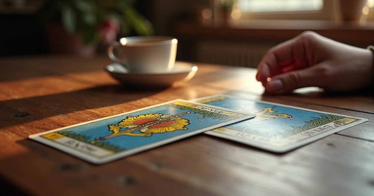 Mesa com cartas do baralho cigano sendo lidas, foco na carta Âncora e carta de um casal 