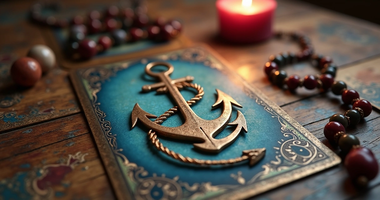 Âncora representada em um baralho cigano sobre uma mesa de madeira com cartas coloridas ao redor 