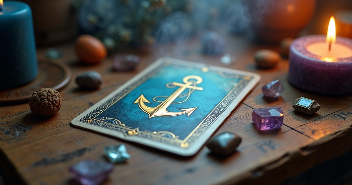 Baralho cigano carta Âncora com vela azul acesa ao lado 